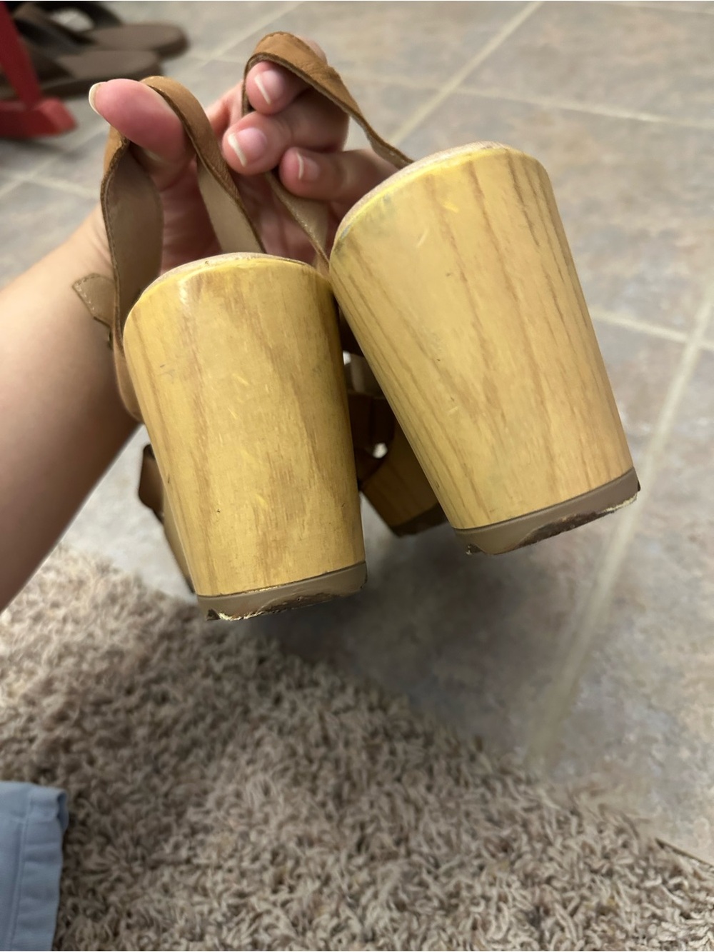 Dr. Scholl's Tan Platform Sandals with Wood-Effect Heel - Picture 3 of 7